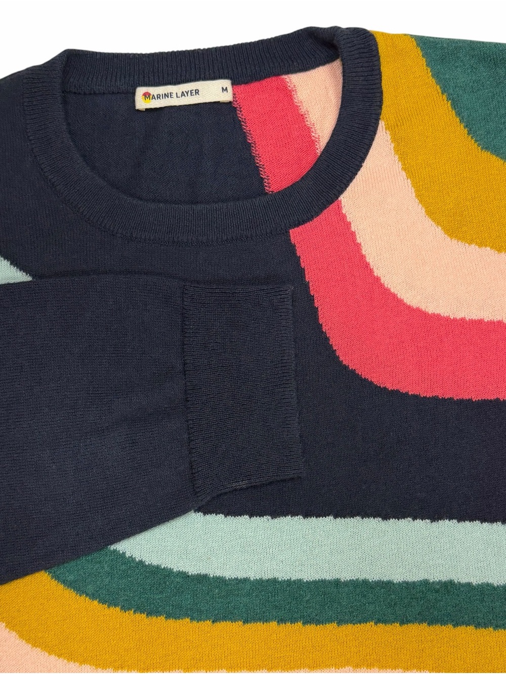Marine Layer Icon Sweater Womens Medium Navy Wave Sunset Rainbow Coastal Beach